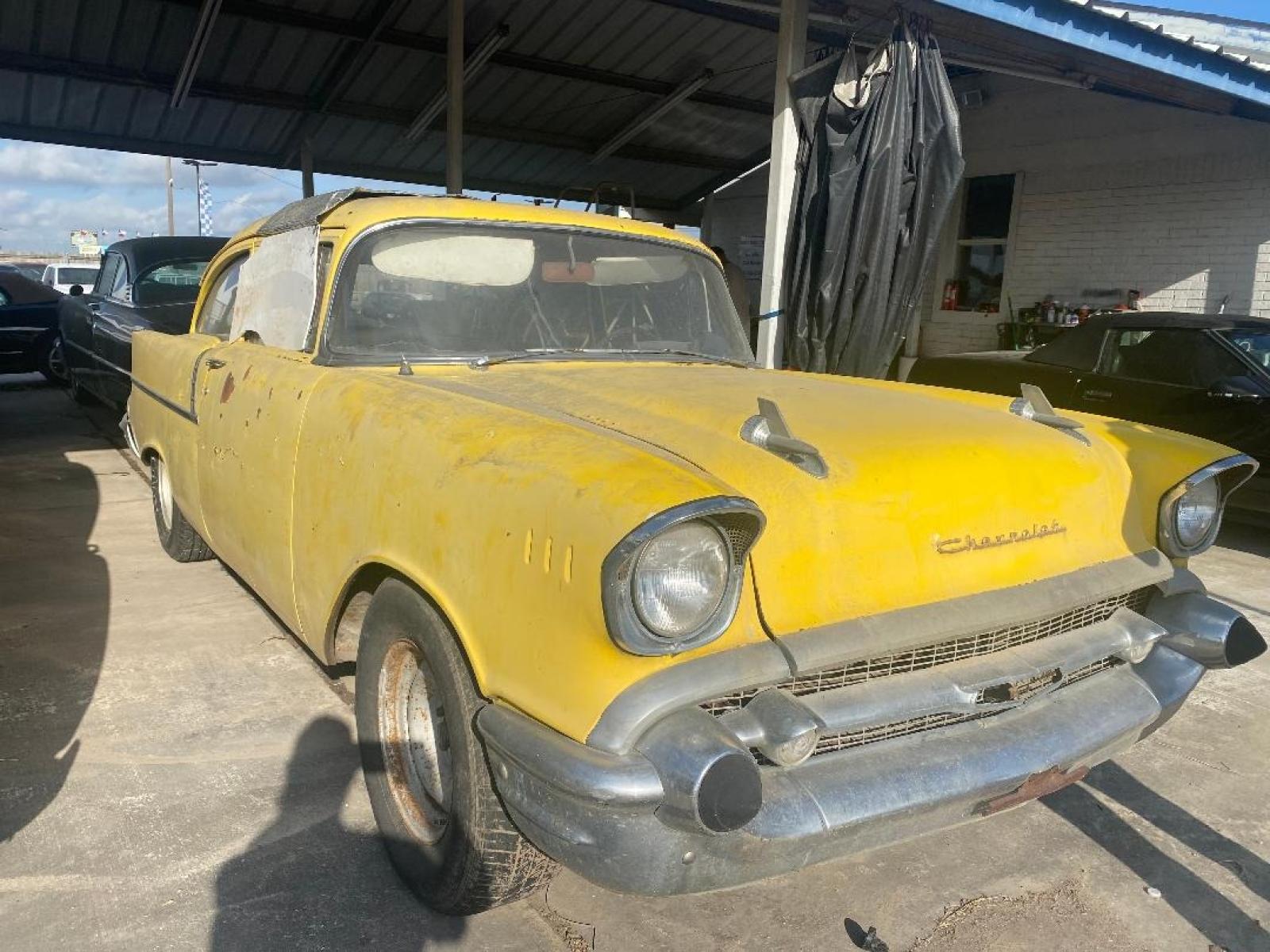 1957 Yellow /Tan Chevrolet 150 with an 327 V8 engine, 4 Spd transmission, located at 1687 Business 35 S, New Braunfels, TX, 78130, (830) 625-7159, 29.655487, -98.051491 - Sittin under a shed find!! 1957 Chevrolet 150 once in its life was running the drag strip. Miles unknown equipped with a 327 V8 paired with a 4 speed transmission within a shatter proof bell housing. Ready for total restoration - Photo #3